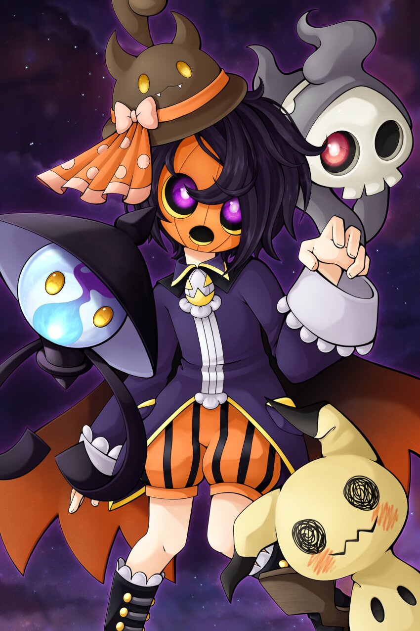 1boy, allister_(fall_2022)_(pokemon), allister_(pokemon), black_footwear, black_hair, boots, brown_headwear, cape, character_hat, duskull, gen_3_pokemon, gen_5_pokemon, gen_7_pokemon, ghost_pose, highres, lampent, looking_at_viewer, male_focus, mask, mimikyu, nintendo, official_alternate_costume, pokemon, pokemon_(creature), pokemon_masters_ex, purple_eyes, slys_(jesterdysphoria)