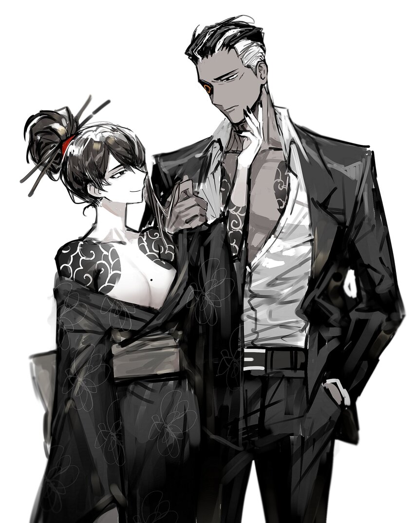 1boy, 1girl, absurdres, belt, black_belt, black_hair, black_jacket, black_kimono