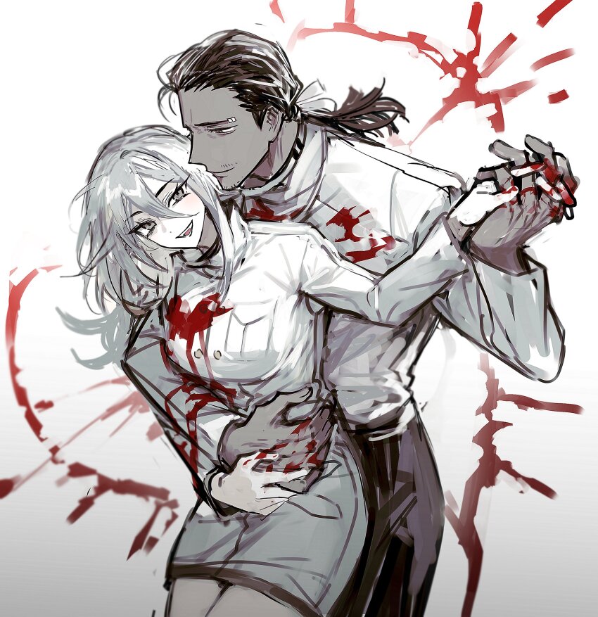 1boy, 1girl, absurdres, black_hair, blood, blood_on_clothes, blood_on_hands, chef, couple, dark-skinned_male, dark_skin, dress, grey_eyes, hair_between_eyes, hair_ribbon, hetero, highres, hug, hug_from_behind, jack_(project_moon), library_of_ruina, long_hair, looking_at_viewer, low-tied_long_hair, low_ponytail, open_mouth, pants, pierre_(project_moon), ponytail, project_moon, remsrar, ribbon, simple_background, smile, white_background, white_dress, white_hair, white_pants, white_ribbon