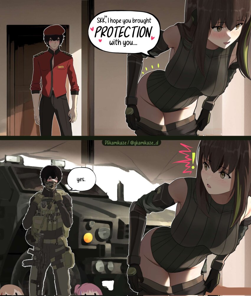 !, 1boy, 2koma, 3girls, armored_personnel_carrier, armored_vehicle, artist_name, beret, black_hair, black_pants, blush, breasts, brown_eyes, brown_hair, car, chibi, comic, commander_(girls'_frontline), commentary, corrupted_twitter_file, dgkamikaze, english_commentary, english_text, girls'_frontline, green_hair, griffin_&amp;_kryuger_logo, gun, hair_between_eyes, hat, headgear, heart, highres, indoors, large_breasts, leotard, light_brown_hair, long_hair, looking_at_another, looking_away, looking_back, m4_sopmod_ii_(girls'_frontline), m4a1_(girls'_frontline), m4a1_(mod3)_(girls'_frontline), military, military_truck, military_uniform, military_vehicle, mod3_(girls'_frontline), motor_vehicle, multicolored_hair, multiple_girls, open_mouth, pants, pink_hair, purple_hair, red_shirt, ribbed_leotard, shirt, short_hair, solo, speech_bubble, spoken_heart, st_ar-15_(girls'_frontline), standing, streaked_hair, truck, twitter_username, weapon