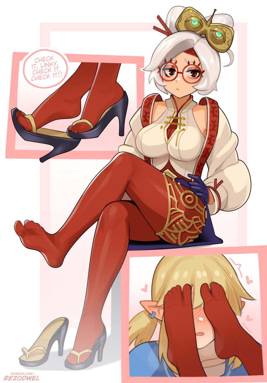1boy, 1girl, artist_name, black_footwear, blonde_hair, blue_gloves, blue_shirt, blush, breasts, closed_mouth, commentary, crossed_legs, english_commentary, eyeshadow, feet, feet_only, foot_focus, foot_on_another's_face, full_body, glasses, gloves, grey_hair, hair_ornament, hair_stick, hands_on_own_hips, high_heels, highres, impossible_clothes, jacket, large_breasts, legs, link, makeup, nintendo, no_shoes, pantyhose, parted_bangs, pointy_ears, ponytail, purah, red-framed_eyewear, red_eyeshadow, red_pantyhose, rezodwel, round_eyewear, sandals, shiny_clothes, shirt, shoe_dangle, sitting, sleeveless, sleeveless_shirt, soles, spread_toes, tabi, the_legend_of_zelda, the_legend_of_zelda:_tears_of_the_kingdom, thighs, toes, upper_body, white_jacket, white_shirt, zouri