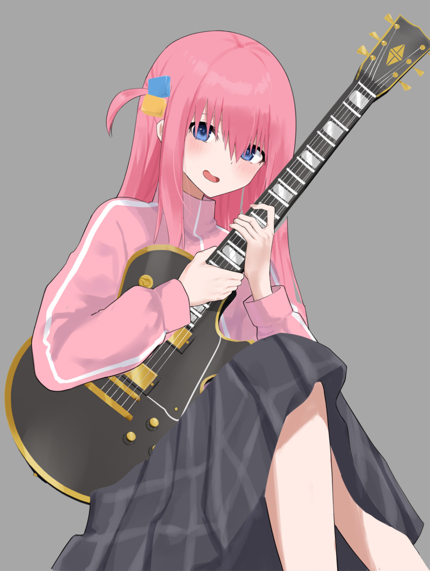 1girl, blue_eyes, blush, bocchi_the_rock!, commentary, cube_hair_ornament, electric_guitar, english_commentary