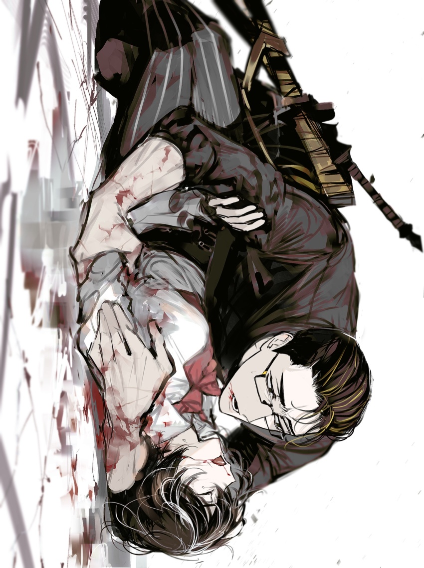 1boy, 1girl, ascot, black_eyes, black_hair, black_pants, black_shirt, blood