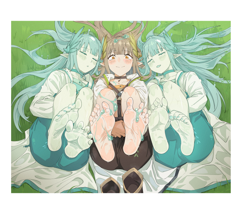 1girl, absurdres, arknights, barefoot, boots, brown_hair, clone, coat, elf, feather_hair, feet, feet_up, foot_focus, foreshortening, hao_guangze_yu, highres, lab_coat, laurel_crown, laurels, legs_up, long_hair, looking_at_viewer, mole, muelsyse_(arknights), pointy_ears, soaking_feet, soles, spread_toes, toes, water, wet, wet_clothes, wet_hair, white_coat, whiteboard