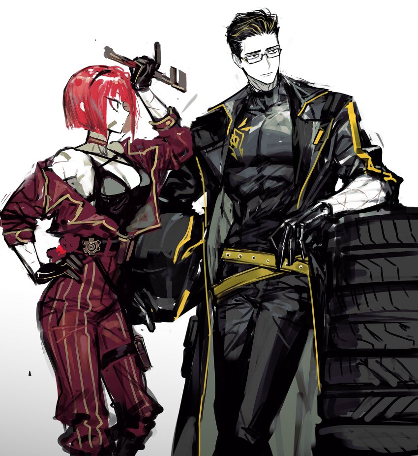 1boy, 1girl, absurdres, bandaid, bandaid_on_face, belt, black_belt, black_coat