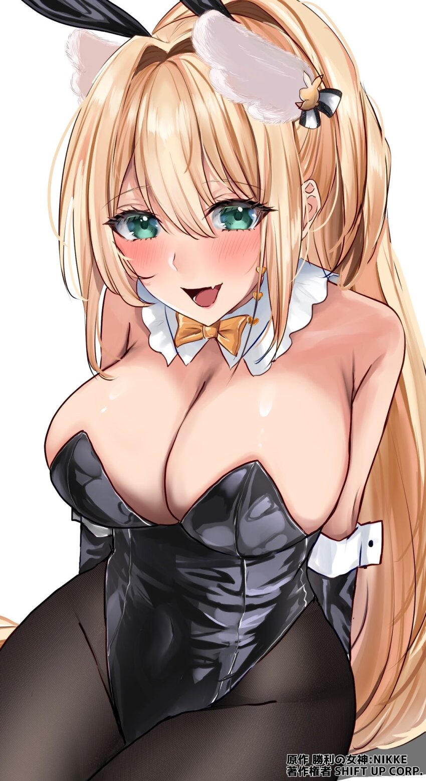 :d, animal_ear_headwear, animal_ears, arms_behind_back, bare_shoulders, black_gloves, black_leotard, black_pantyhose