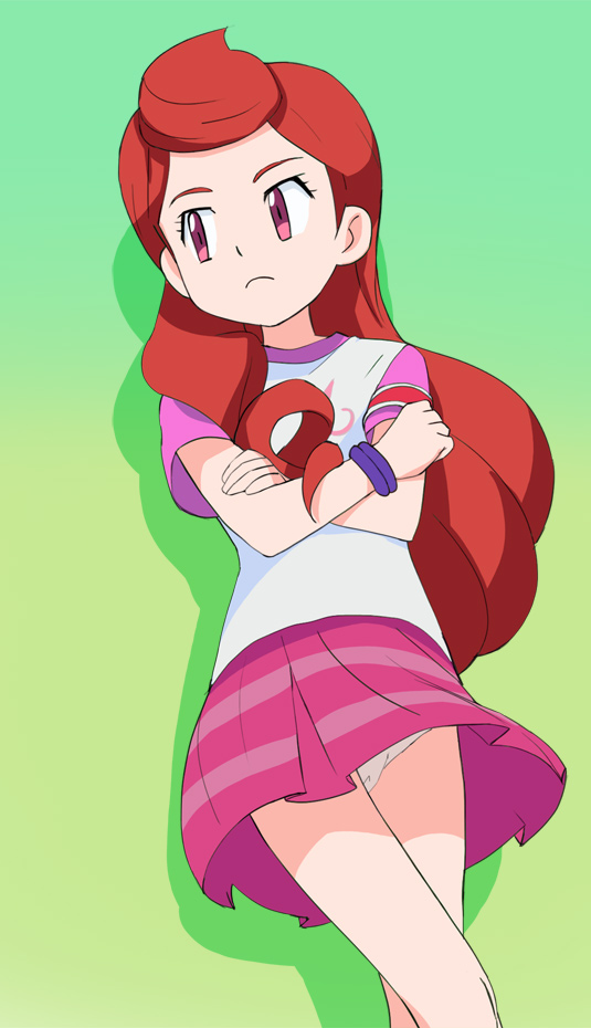 1girl, armband, brown_hair, closed_mouth, cowboy_shot, frown, haruyama_kazunori, kedama_no_gonjirou