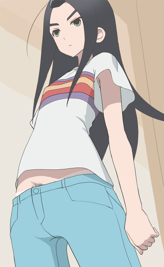 1girl, armpit_hair, armpit_hair_peek, bangs_pinned_back, black_hair, closed_mouth, denim, female_pubic_hair