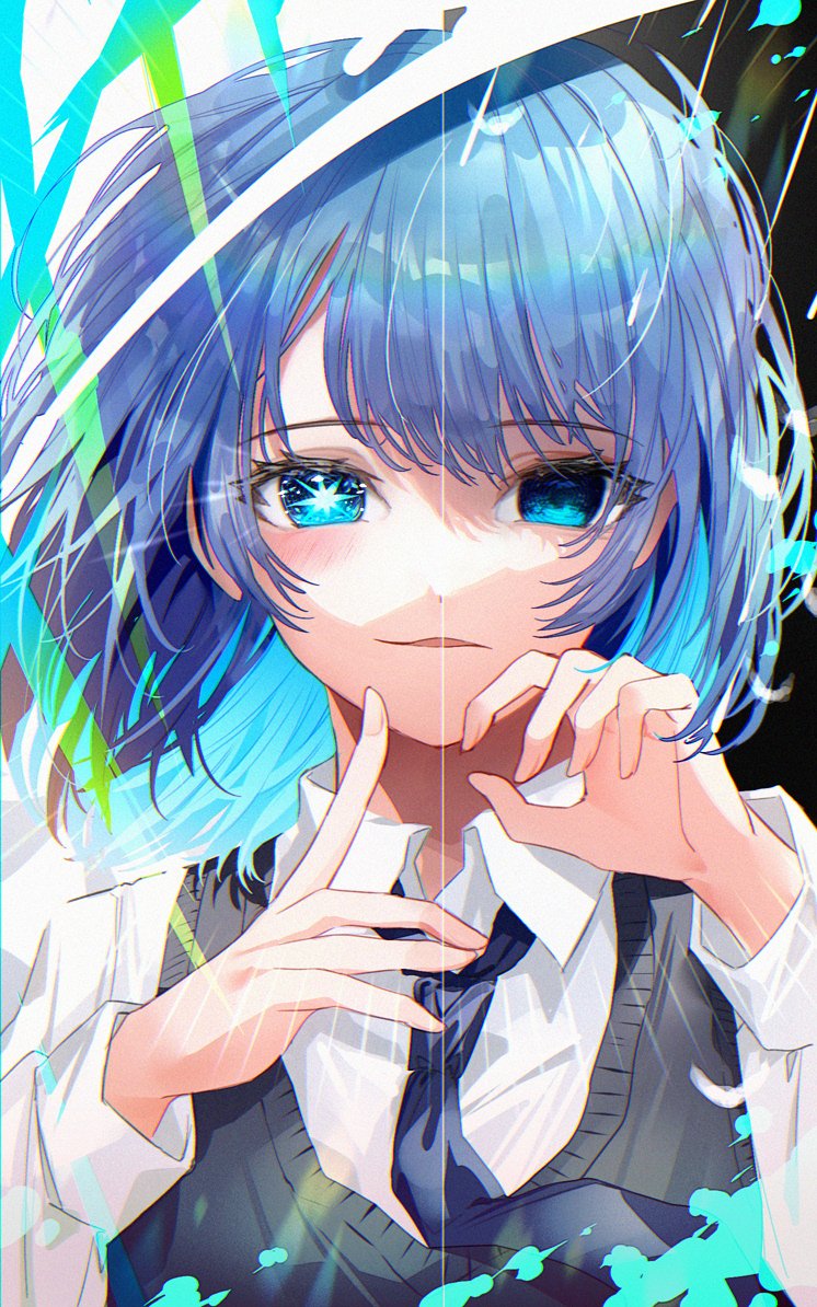 1girl, blue_eyes, blue_hair, blue_necktie, commentary_request, finger_to_own_chin, grey_sweater_vest, kurokawa_akane