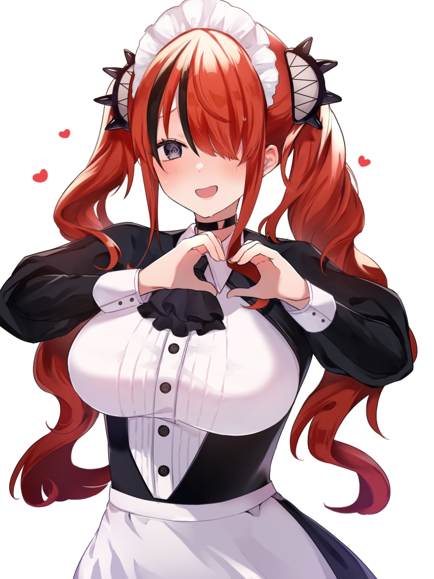 1girl, @_@, apron, ascot, black_ascot, black_choker, black_dress, black_eyes