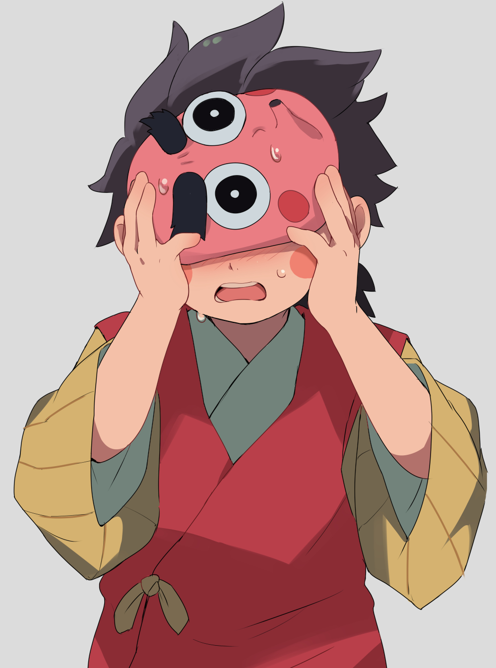 1boy, acnhiti, black_hair, blush, child, commentary_request, covering_face, facial_mark, highres, japanese_clothes, kimetsu_no_yaiba, kotetsu_(kimetsu_no_yaiba), male_focus, mask, nervous, open_mouth, short_sleeves, solo, sweat, teeth, upper_teeth_only