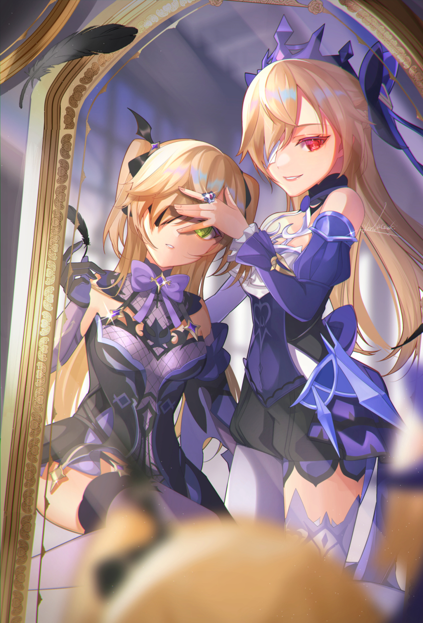 1girl, alternate_eye_color, bare_shoulders, bat_ornament, black_feathers, black_footwear, black_ribbon, blonde_hair