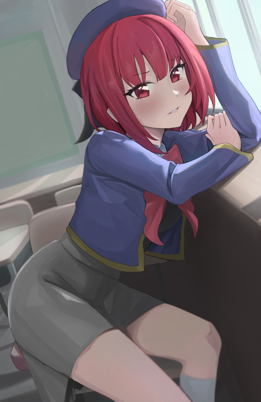 1girl, arima_kana, arm_support, beret, black_ribbon, blue_hat, blue_jacket, blush