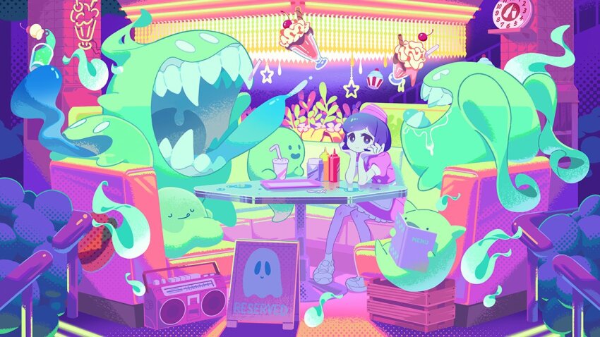 1girl, 6+others, apron, boombox, bush, buttons, cherry, clock