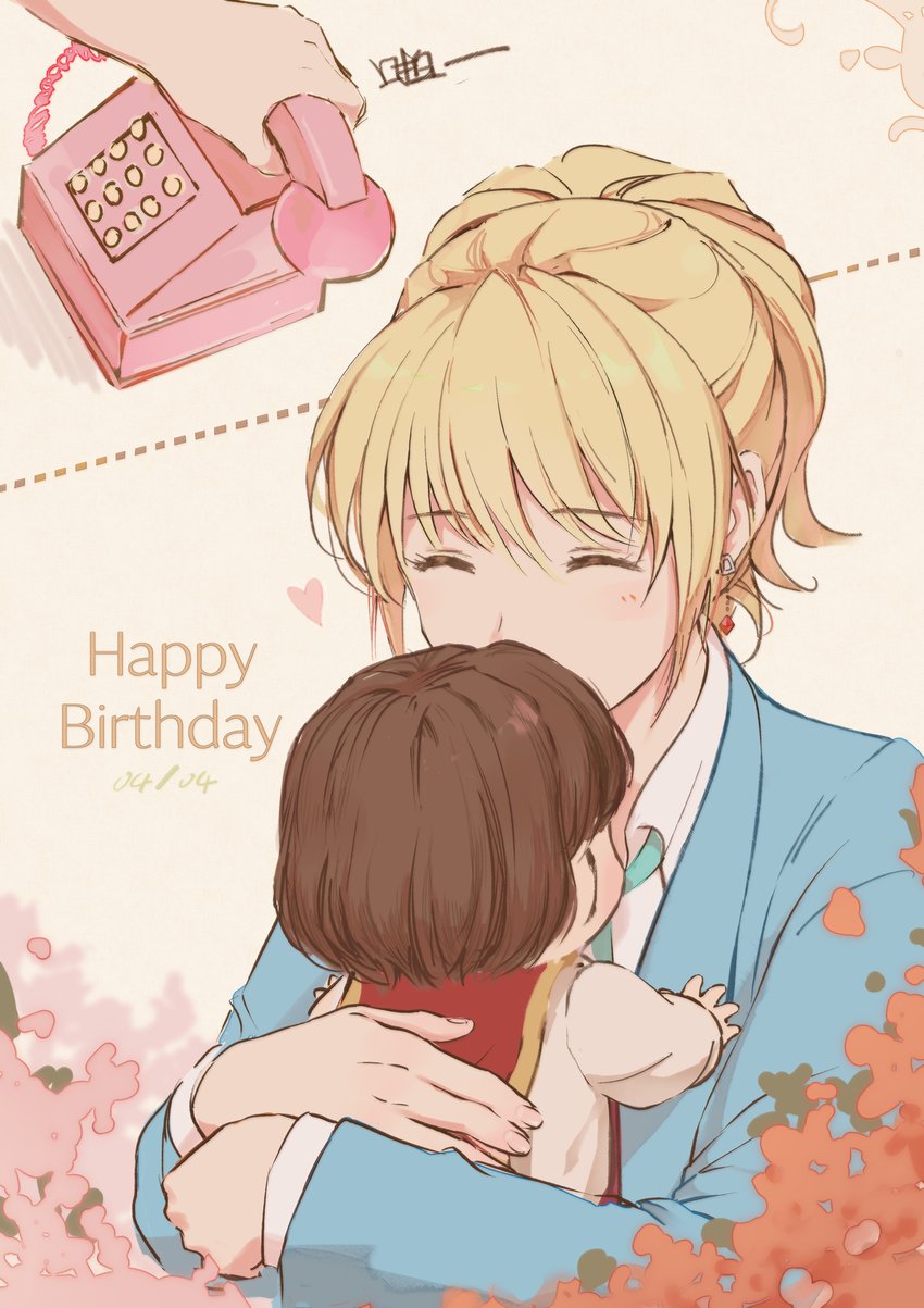 1boy, 1other, baby, blonde_hair, blue_suit, blush, brown_hair, closed_eyes