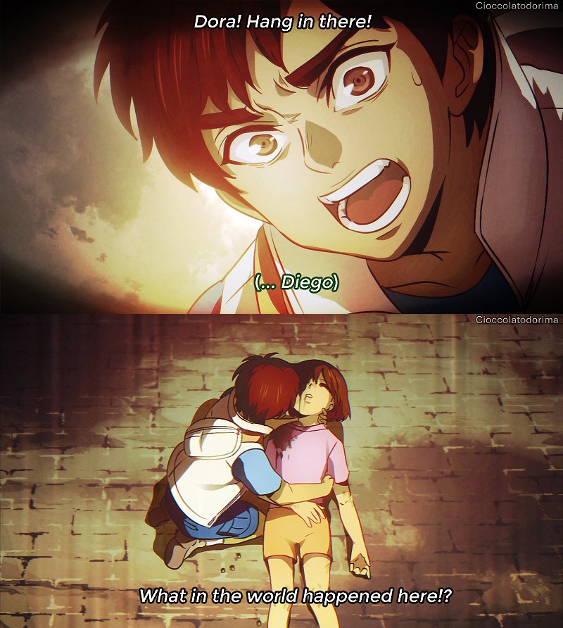 1boy, 1girl, animification, blood, blood_from_mouth, blue_shorts, brown_eyes, brown_hair, brown_shorts, cargo_shorts, cioccolatodorima, closed_eyes, commentary, cousins, diego_marquez, dora_marquez, dora_the_explorer, english_commentary, english_text, kneeling, open_mouth, pink_shirt, shirt, shorts, stone_floor, subtitled, sweatdrop, vest, white_vest