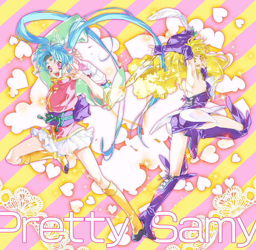 1990s_(style), 2girls, aqua_hair, blonde_hair, boots, copyright_name, elbow_gloves, freckles