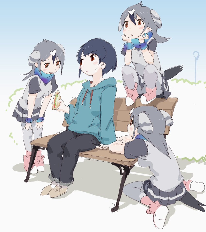 4girls, bench, bird_girl, bird_tail, bird_wings, black_hair, black_pants, blue_hoodie