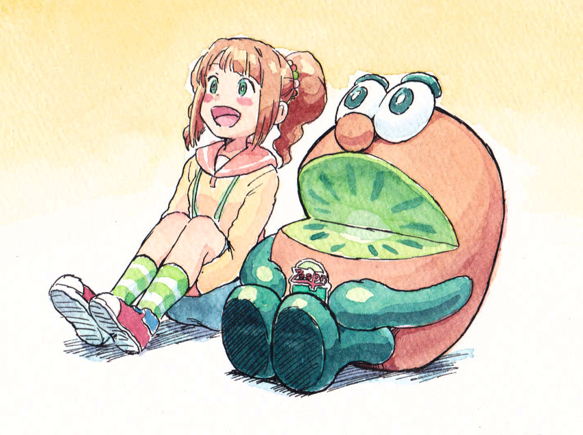 1boy, 1girl, blue_skirt, blush, bow, brown_hair, commentary, full_body, gradient_background, green_(zespri), green_eyes, green_socks, gussuripii, hair_bow, hugging_own_legs, idolmaster, idolmaster_(classic), idolmaster_million_live!, idolmaster_million_live!_theater_days, jacket, long_sleeves, looking_at_another, open_mouth, shoes, short_hair, simple_background, sitting, skirt, smile, sneakers, socks, takatsuki_yayoi, twintails, yellow_background, yellow_jacket, zespri