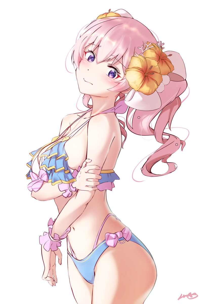 1girl, absurdres, bikini, blue_bikini, breasts, feathermage, frilled_bikini, frills, highres, long_hair, looking_at_viewer, medium_breasts, pink_hair, princess_connect!, purple_eyes, sidelocks, smile, solo, swimsuit, tsumugi_(princess_connect!), tsumugi_(summer)_(princess_connect!), twintails, wrist_cuffs