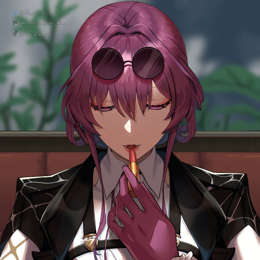 1girl, applying_makeup, applying_own_makeup, cosmetics, eyewear_on_head, gloves, highres, holding