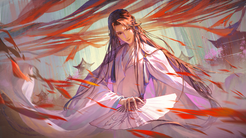 1boy, anian724, architecture, bishounen, black_hair, brown_eyes, building, chinese_clothes, closed_mouth, earrings, east_asian_architecture, floating_hair, folding_fan, hand_fan, hand_up, hanfu, highres, holding, holding_fan, jewelry, long_hair, long_sleeves, looking_at_viewer, male_focus, parted_bangs, qiang_jin_jiu, robe, shen_zechuan, sidelocks, solo, tassel, tree, very_long_hair, white_robe, wide_sleeves