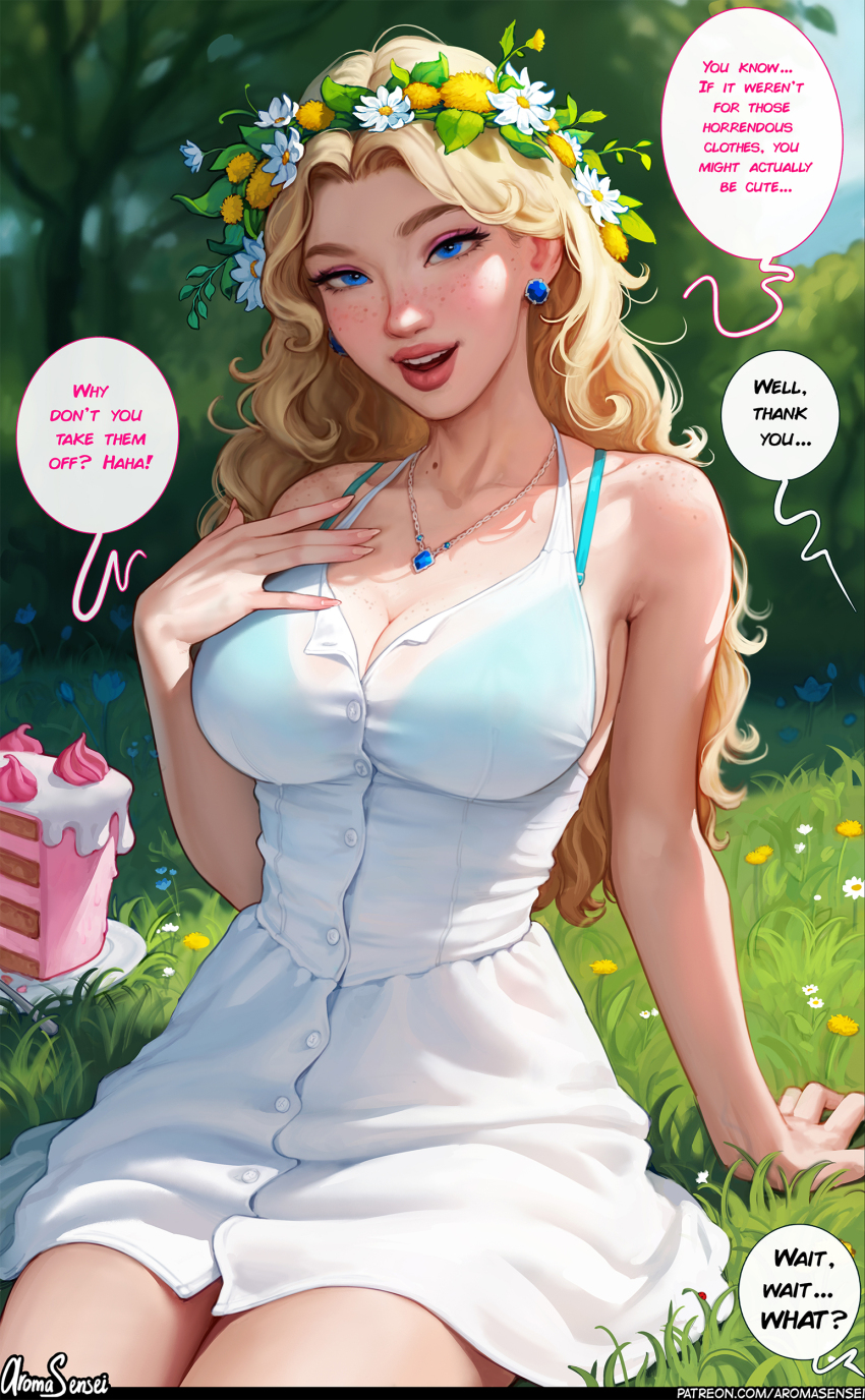 1girl, absurdres, aroma_sensei, bare_shoulders, blonde_hair, blue_bra, blue_eyes, blush, body_freckles, bra, breasts, buttons, cake, cleavage, collarbone, daisy_(flower), earrings, english_text, eyeshadow, flower, food, freckles, haley_(stardew_valley), head_wreath, highres, jewelry, large_breasts, lips, long_hair, makeup, necklace, outdoors, see-through_clothes, sideboob, skirt, smile, solo, stardew_valley, underwear, wavy_hair
