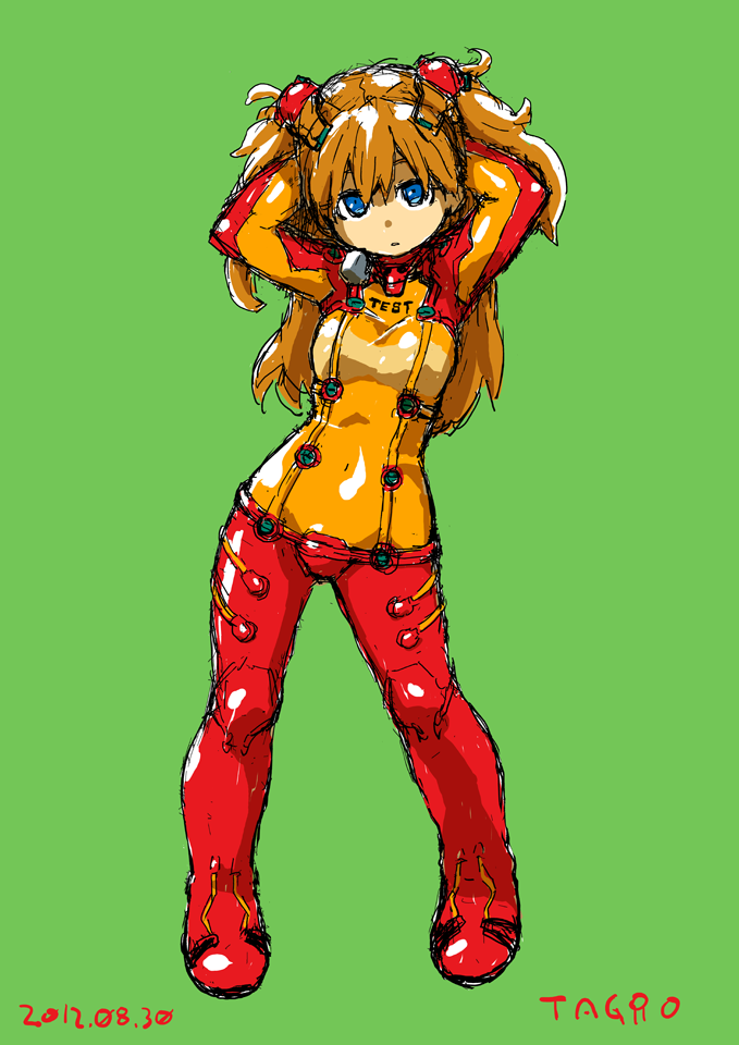 1girl, 2012, artist_name, blue_eyes, bodysuit, breasts, brown_hair, dated