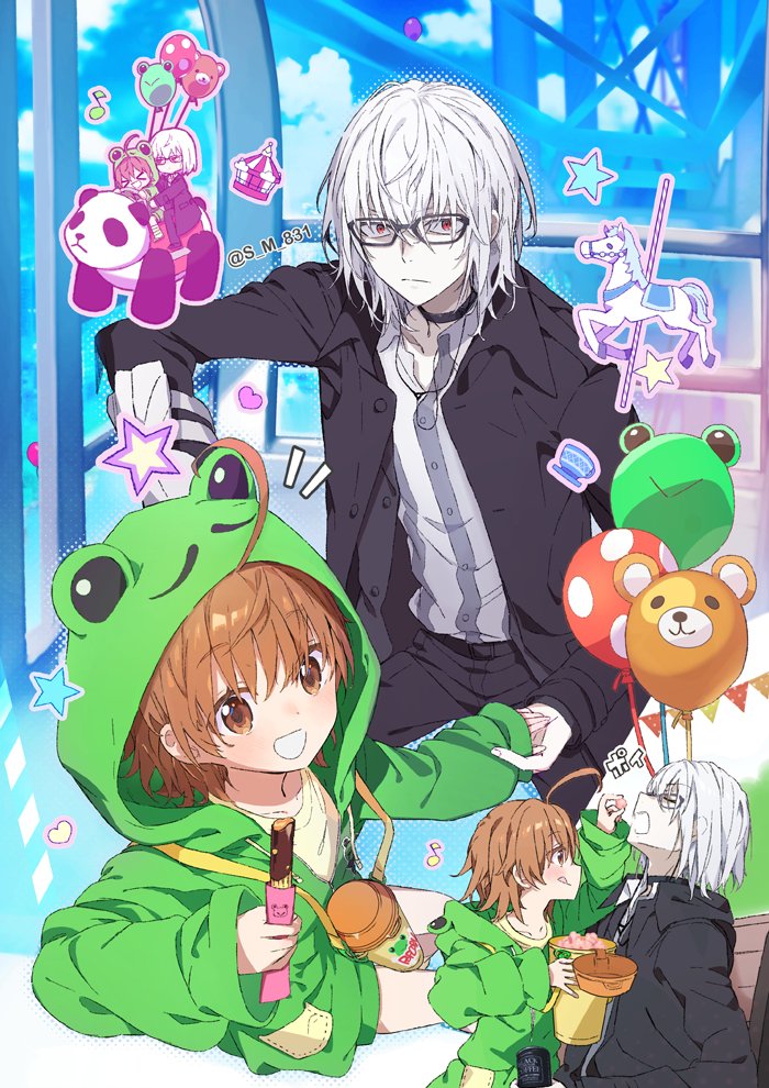 1boy, 1girl, accelerator_(toaru_majutsu_no_index), age_difference, ahoge, albino, amusement_park, animal_hood, balloon, bare_legs, black_choker, black_jacket, black_pants, bottle, brown_eyes, brown_hair, bumper_car, can, canned_coffee, carousel, character_hood, child, choker, churro, closed_mouth, collared_shirt, cowboy_shot, day, drink_can, electrodes, feeding, ferris_wheel, food, frog_hood, from_above, gekota, glasses, green_hoodie, holding, holding_balloon, holding_food, holding_hands, hood, hood_down, hood_up, hoodie, jacket, lanyard, last_order_(toaru_majutsu_no_index), light_frown, long_sleeves, looking_at_another, looking_at_viewer, medium_hair, multiple_views, official_alternate_costume, on_bench, open_mouth, pale_skin, pants, red_eyes, s_m_831, sanpaku, shirt, signature, sitting, sleeping, smile, striped_clothes, striped_shirt, toaru_majutsu_no_index, vertical-striped_clothes, vertical-striped_shirt, white_hair, yellow_shirt