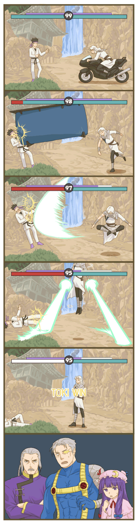 1girl, 4boys, beam, cable_(marvel), comic, crossover, g_gundam, gundam