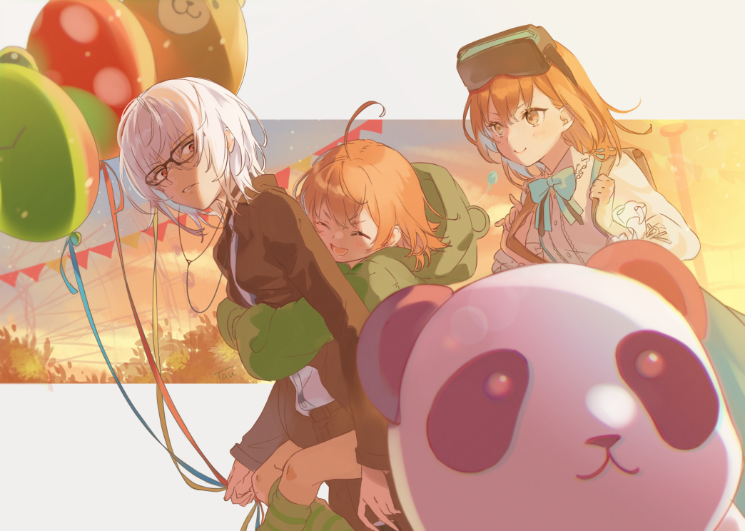 1boy, 2girls, accelerator_(toaru_majutsu_no_index), age_difference, ahoge, albino, androgynous, animal_hood, backpack, bag, balloon, banner, black_choker, black_jacket, black_pants, blush, border, brown_eyes, brown_hair, bumper_car, carrying, character_hood, child, choker, closed_mouth, collared_shirt, cowboy_shot, electrodes, ferris_wheel, frilled_shirt, frills, frog_hood, gekota, glasses, goggles, goggles_on_head, grass, green_hoodie, green_ribbon, green_skirt, green_socks, head-mounted_display, holding, holding_bag, holding_balloon, hood, hood_down, hoodie, hug, hug_from_behind, jacket, last_order_(toaru_majutsu_no_index), leaning_on_object, light_frown, long_sleeves, looking_at_another, looking_at_viewer, misaka_imouto, misaka_imouto_10046, multiple_girls, neck_ribbon, official_alternate_costume, open_mouth, outdoors, pale_skin, pants, piggyback, pole, red_eyes, ribbon, sanpaku, shirt, short_hair, siblings, sisters, skirt, smile, socks, standing, striped_clothes, striped_shirt, sunset, tautiki, toaru_majutsu_no_index, toaru_majutsu_no_index:_imaginary_fest, vertical-striped_clothes, vertical-striped_shirt, white_border, white_hair, wide_shot