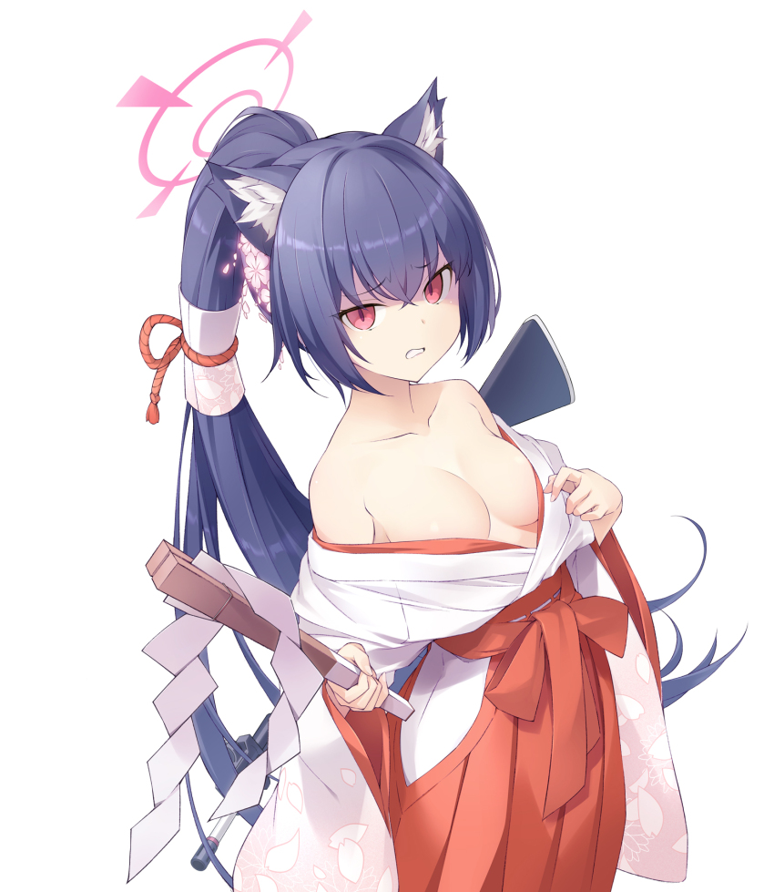 1girl, animal_ear_fluff, animal_ears, bare_shoulders, black_hair, blue_archive, breasts, crossed_bangs