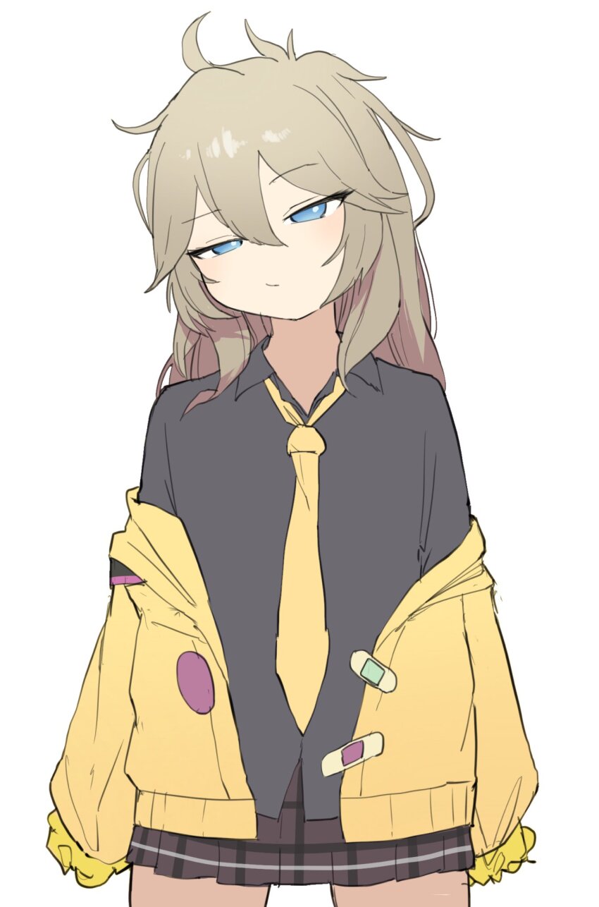 1girl, black_shirt, blue_eyes, brown_hair, cardigan, closed_mouth, collared_shirt, hair_between_eyes, highres, kasukabe_tsumugi, long_hair, long_sleeves, looking_at_viewer, messy_hair, necktie, off_shoulder, okepi, open_clothes, plaid_clothes, plaid_skirt, pleated_skirt, shirt, simple_background, skirt, solo, voicevox, white_background, yellow_cardigan, yellow_necktie