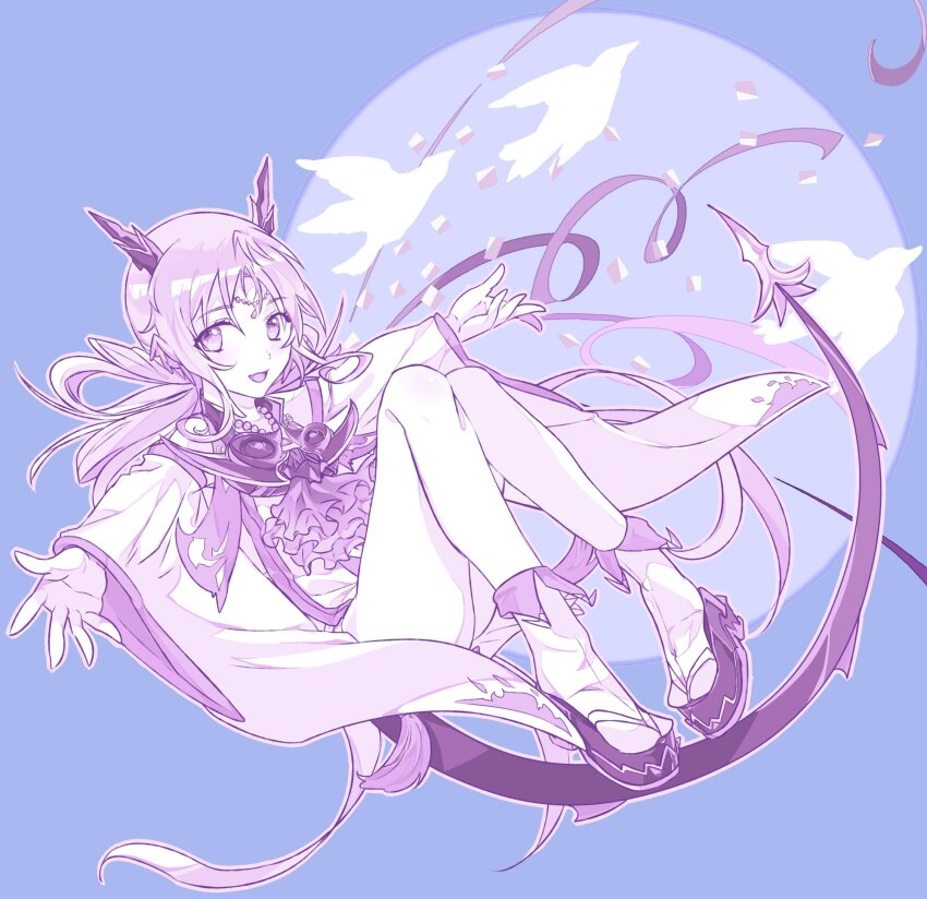 ankle_cuffs, ascot, bird, circle, confetti, detached_sleeves, dragon_horns, dragon_tail, forehead_jewel, highres, horns, jewelry, knees_up, koryuu_kagemitsu_(tenka_hyakken), long_hair, looking_at_viewer, midair, necklace, onasu_(sawagani), open_hands, open_mouth, outstretched_arms, parted_bangs, pigeon, platform_footwear, purple_background, purple_theme, sidelocks, smile, socks, tail, tassel, tenka_hyakken, wide_sleeves