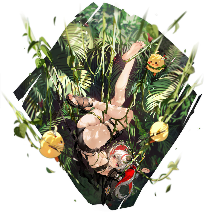 1girl, @_@, armpits, ass, azur_lane, baby_animal, barefoot, bikini, bird, black-framed_eyewear, black_bikini, black_footwear, breasts, chick, cleavage, clenched_teeth, criss-cross_halter, cross, eyewear_on_head, fang, feet, foot_out_of_frame, frilled_bikini, frills, grey_hair, halterneck, highres, holding, holding_polearm, holding_weapon, holster, iron_blood_(emblem), iron_cross, leaf, legs, long_hair, looking_at_viewer, manjuu_(azur_lane), medium_breasts, mimoza_(96mimo414), multicolored_hair, non-web_source, official_alternate_costume, official_art, open_mouth, otto_von_alvensleben_(azur_lane), otto_von_alvensleben_(hunter_becomes_hunted)_(azur_lane), palm_leaf, palm_tree, pink_eyes, plant, polearm, pouch, red_eyes, red_hair, restrained, round_eyewear, sandals, skin_fang, slippers, solo, streaked_hair, sunglasses, swimsuit, teeth, thigh_holster, thigh_pouch, thigh_strap, thighs, toenails, toes, tree, two-tone_hair, underboob, upside-down, vines, wavy_hair, wavy_mouth, weapon