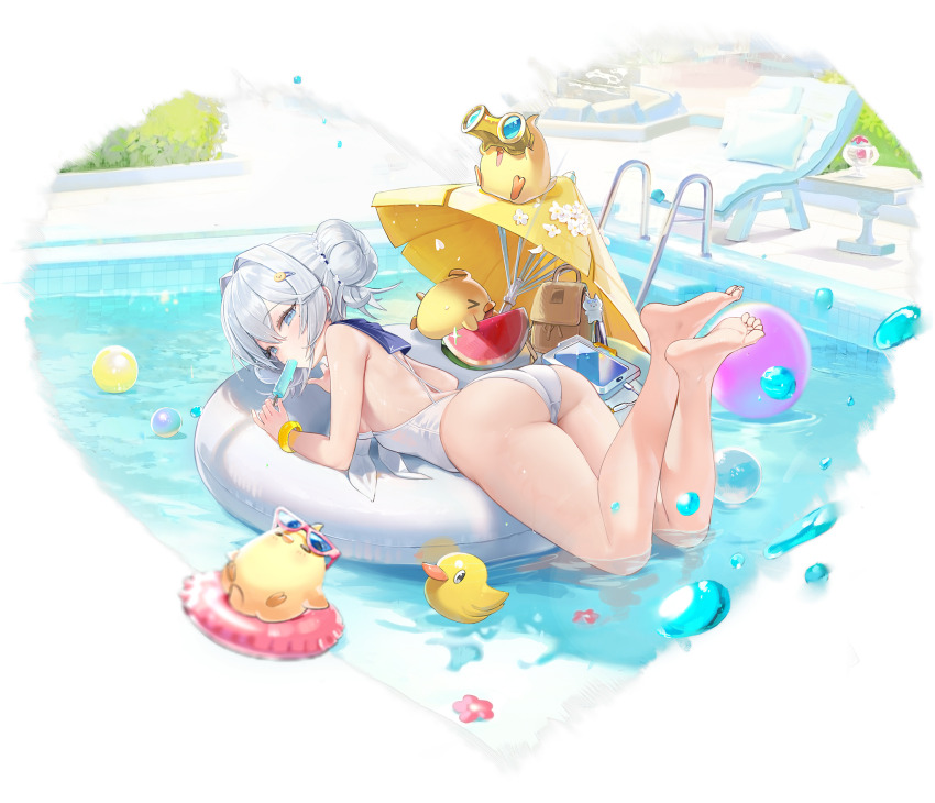 1girl, aqua_eyes, ass, azur_lane, bag, barefoot, beach_umbrella, breasts, chair, multiple_expressions, feet, food, freng, fruit, grey_hair, hair_bun, highres, ice_cream, innertube, jade_(a_lick_of_summer)_(azur_lane), jade_(azur_lane), legs, looking_at_viewer, looking_back, lounge_chair, lying, manjuu_(azur_lane), medium_breasts, non-web_source, official_alternate_costume, official_art, one-piece_swimsuit, pool, rubber_duck, single_hair_bun, soles, swim_ring, swimsuit, tablet_pc, toes, umbrella, watermelon, white_one-piece_swimsuit