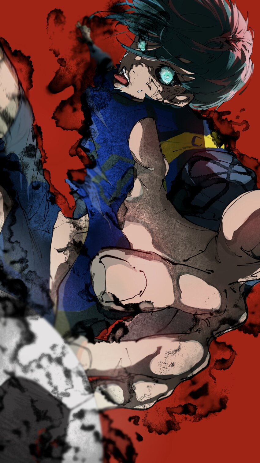 1boy, armband, aura, ball, black_sclera, black_shorts, blue_eyes, blue_hair, blue_lock, blue_shirt, colored_sclera, dorawo, hand_up, highres, itoshi_rin, looking_at_viewer, male_focus, open_mouth, red_background, shirt, short_hair, shorts, simple_background, soccer_ball, solo, tongue, tongue_out, veins, yellow_armband