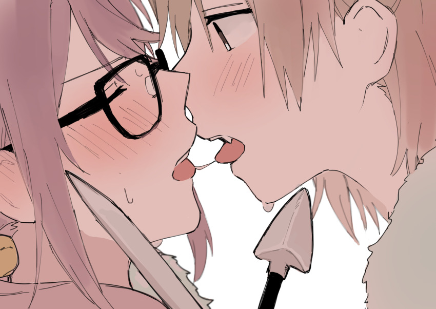 2girls, after_kiss, aijo_karen, arrow_(projectile), blonde_hair, blush, close-up, closed_eyes, ear_blush, fang, french_kiss, fur_trim, glasses, haruka_3442, highres, hoshimi_junna, kiss, kiss_focus, looking_at_another, multiple_girls, purple_hair, saliva, saliva_swap, saliva_trail, shoujo_kageki_revue_starlight, sidelocks, simple_background, sweat, sword, teeth, tongue, tongue_out, upper_teeth_only, weapon, yuri