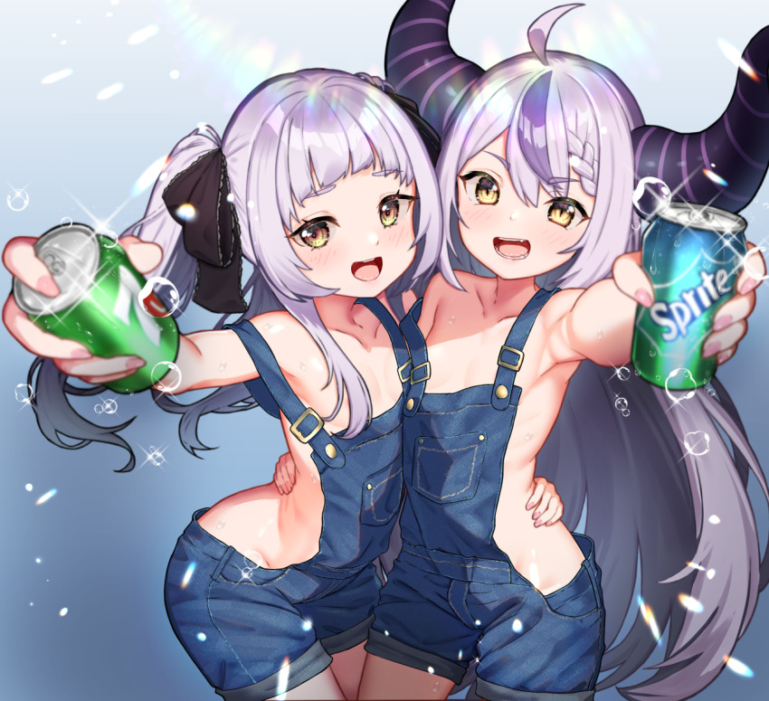 2girls, 7up, blue_background, blue_overalls, braid, can, collarbone, commentary_request, convenient_censoring, cowboy_shot, demon_girl, drink_can, eyelashes, flat_chest, foreshortening, fuyukawa_(kogimiwa64338), gradient_background, convenient_hair, hand_on_another's_back, holding, hololive, la+_darknesss, light_purple_hair, long_hair, looking_at_viewer, multiple_girls, murasaki_shion, nail_polish, naked_overalls, open_mouth, outstretched_arm, overall_shorts, overalls, parted_bangs, pink_nails, shiny_skin, soda_can, sprite_(drink), teeth, twintails, two_side_up, upper_body, virtual_youtuber, yellow_eyes