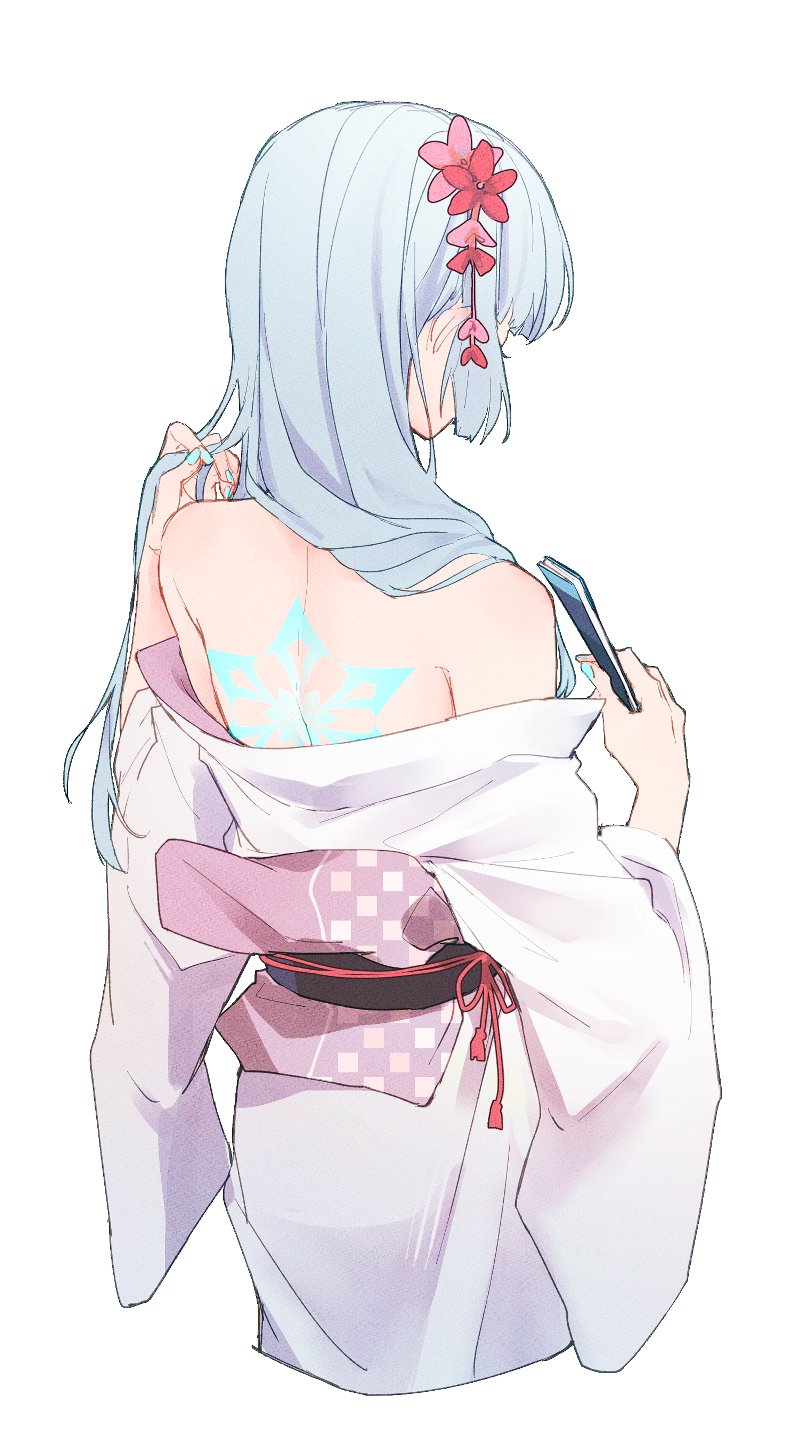 1girl, alternate_costume, ayaka_(genshin_impact), back_tattoo, blue_nails, cropped_legs, erhuo, flower