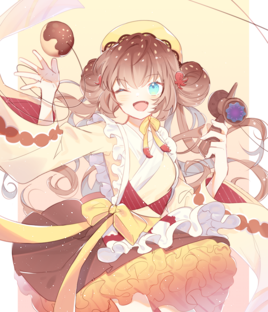 1girl, basu_(buskillua25), blue_eyes, blush, border, brown_hair, brown_skirt, double_bun