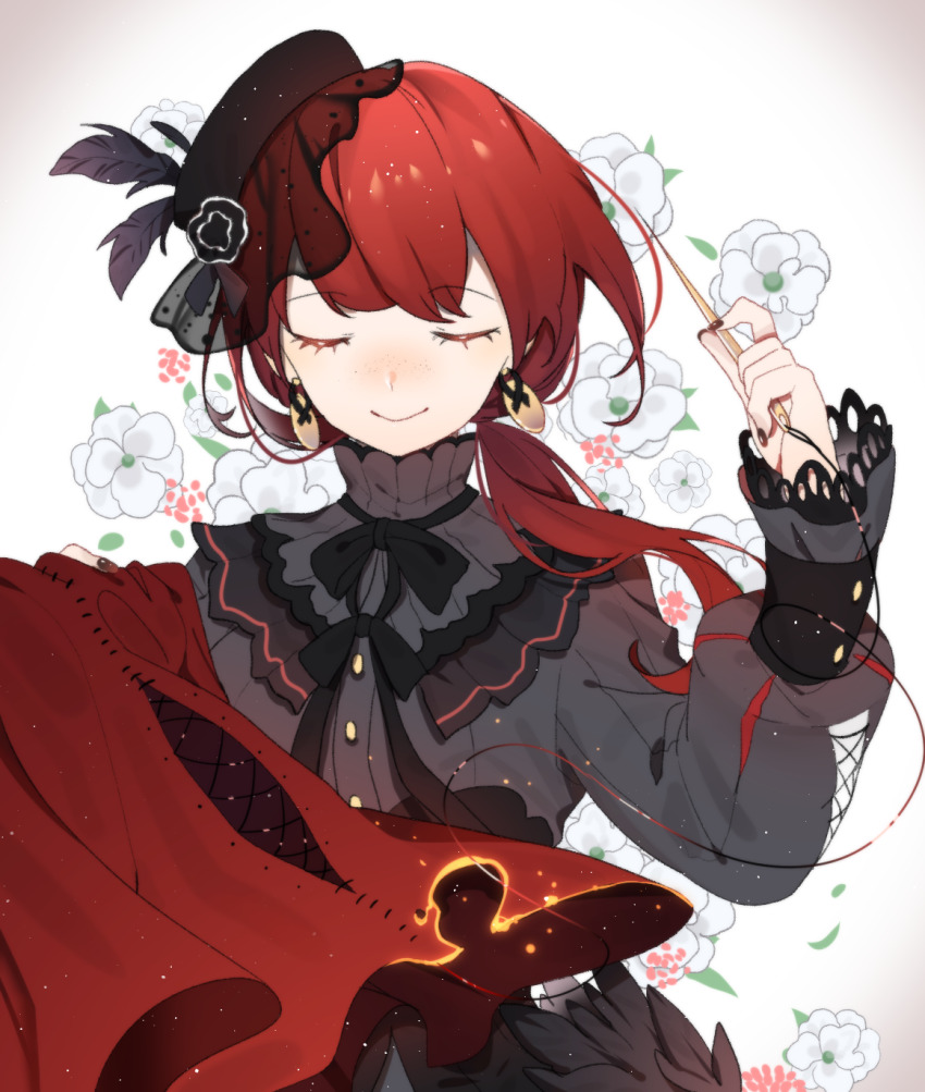 1girl, basu_(buskillua25), black_feathers, black_footwear, black_hat, black_shirt, black_skirt, closed_mouth