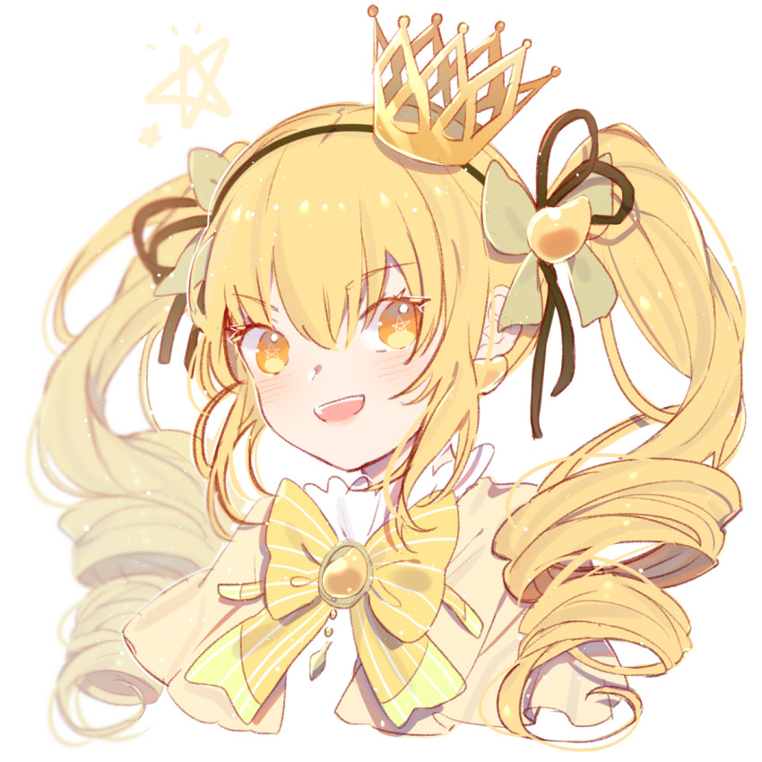 1girl, basu_(buskillua25), black_ribbon, bow, crown, drill_hair, earrings, food_fantasy, hair_bow, hair_ribbon, highres, jewelry, long_hair, mango_pudding_(food_fantasy), mini_crown, open_mouth, orange_eyes, orange_hair, ribbon, smile, solo, star-shaped_pupils, star_(symbol), symbol-shaped_pupils, twin_drills, twintails, white_background, white_bow
