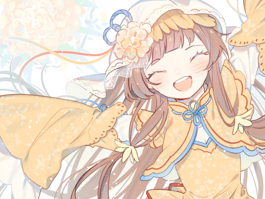 1girl, basu_(buskillua25), brown_hair, capelet, china_dress, chinese_clothes, closed_eyes, clothing_request