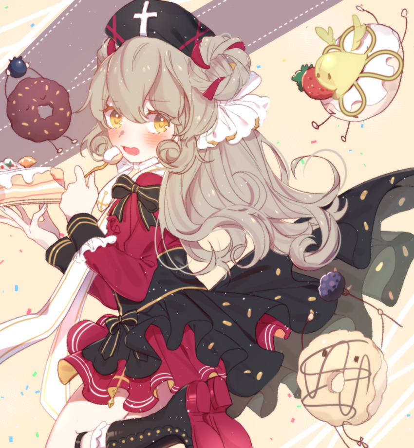 1girl, basu_(buskillua25), black_boots, boots, brown_background, cake, donut, donut_(food_fantasy)