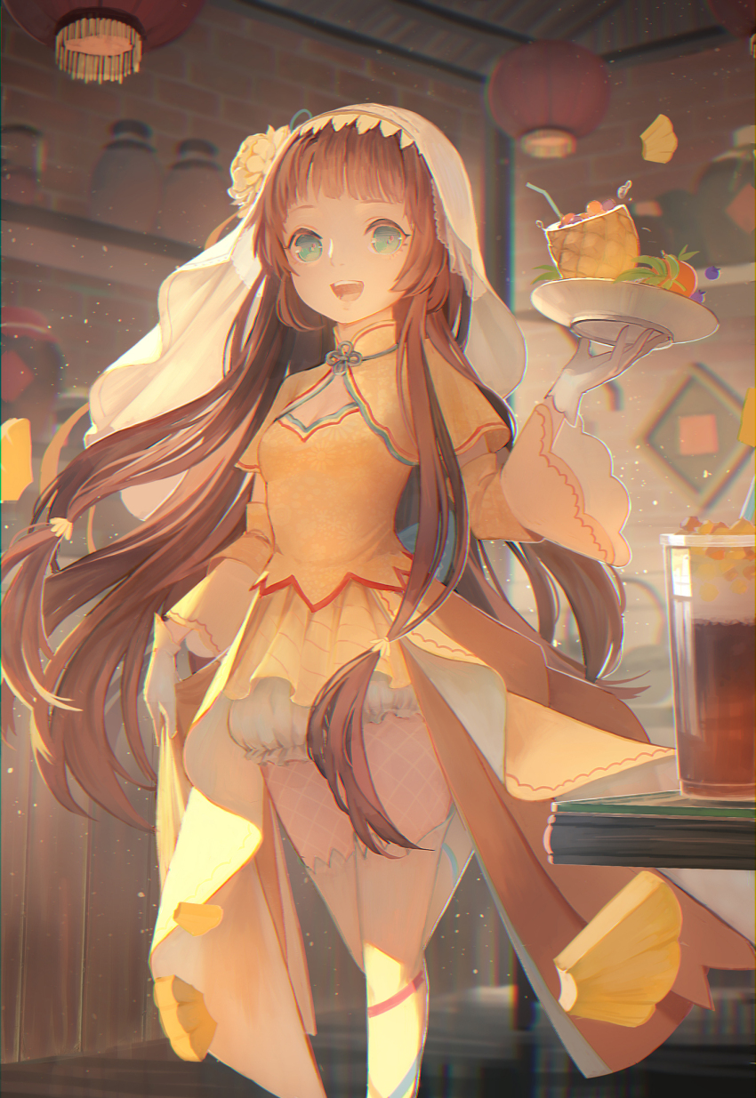 1girl, aqua_eyes, bloomers, brown_hair, china_dress, chinese_clothes, detached_sleeves, dress, echosdoodle, flower, food, food_fantasy, fruit, hair_flower, hair_ornament, high-low_dress, highres, holding_own_dress, lantern, lolita_fashion, long_hair, open_mouth, orange_dress, pineapple, pineapple_cake_(food_fantasy), pineapple_slice, qi_lolita, smile, solo, thighhighs, tray, underwear, veil, white_background, white_thighhighs, yellow_flower