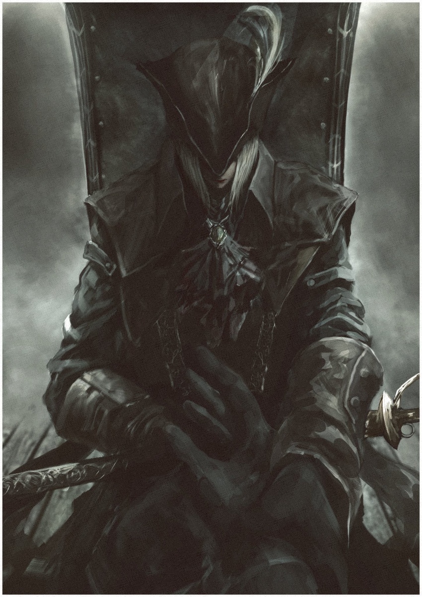 1girl, artist_request, ascot, black_coat, bloodborne, border, chair, coat