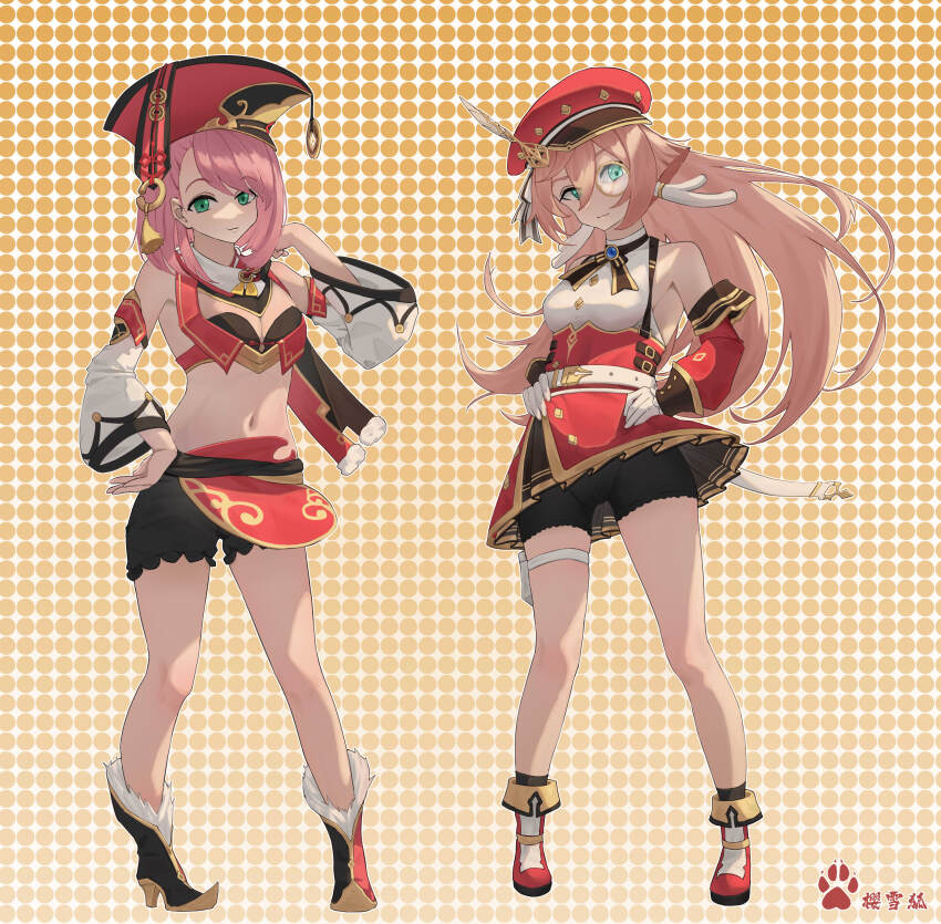 2girls, absurdres, bare_shoulders, belt, black_shorts, boots, breasts, newsboy_cap, charlotte_(genshin_impact), charlotte_(genshin_impact)_(cosplay), cleavage, commentary_request, cosplay, costume_switch, crop_top, detached_sleeves, flower, full_body, genshin_impact, green_eyes, hands_on_own_hips, hat, high-waist_skirt, high_heel_boots, high_heels, highres, long_hair, long_sleeves, looking_at_viewer, medium_breasts, medium_hair, midriff, monocle, multiple_girls, navel, pink_hair, red_flower, red_headwear, red_skirt, shirt, short_shorts, shorts, shorts_under_skirt, skirt, sleeveless, sleeveless_shirt, smile, standing, stomach, thigh_strap, thighs, very_long_hair, white_belt, white_shirt, yanfei_(genshin_impact), yanfei_(genshin_impact)_(cosplay), yinying12306