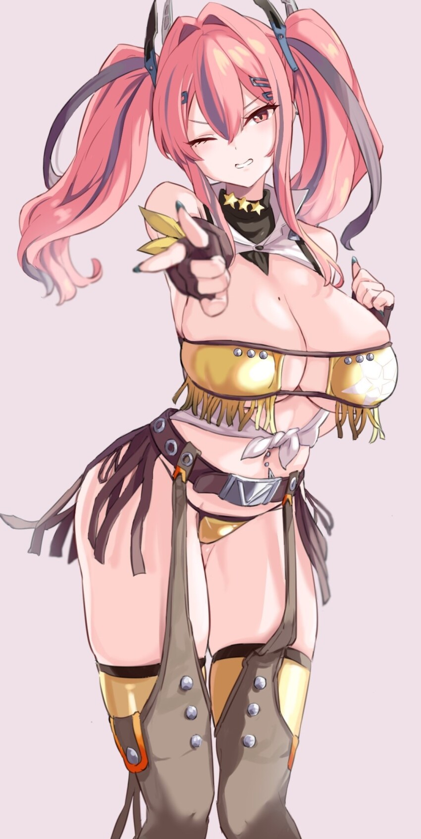 1girl, 8_(mmm_st_bbb), azur_lane, bang_(gesture), bare_shoulders, belt, bikini, black_nails, black_scarf, blush, breasts, bremerton_(azur_lane), bremerton_(western_cowgirl)_(azur_lane), brown_belt, brown_gloves, cleavage, collarbone, commentary, cowboy_shot, cowboy_western, crop_top, ear_piercing, eyepatch_bikini, finger_gun, fingerless_gloves, fingernails, garter_belt, gloves, gold_bikini, grey_hair, grin, hair_between_eyes, hair_intakes, hair_ornament, hairclip, head_tilt, highres, large_breasts, long_fingernails, long_hair, looking_at_viewer, mole, mole_on_breast, mole_under_eye, multicolored_hair, navel, navel_piercing, official_alternate_costume, one_eye_closed, piercing, pink_eyes, pink_hair, pointing, pointing_at_viewer, scarf, shirt, sidelocks, simple_background, skindentation, sleeveless, sleeveless_shirt, smile, solo, standing, stomach, streaked_hair, swimsuit, teeth, thighhighs, tied_shirt, twintails, two-tone_hair, white_background, white_shirt, yellow_thighhighs