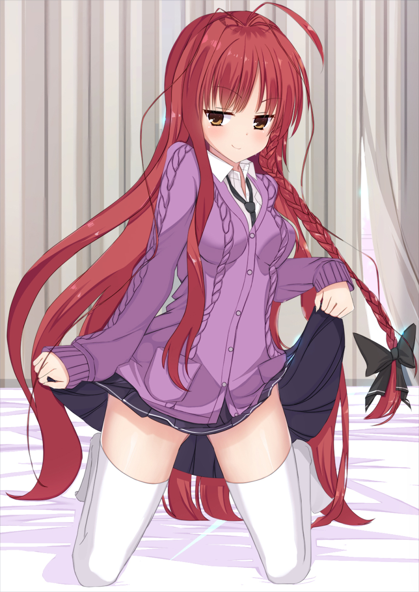 >:), 1girl, ahoge, black_bow, black_necktie, black_skirt, blush, bow, braid, breasts, buttons, closed_mouth, clothes_lift, collared_shirt, commentary, dracu-riot!, eyelashes, full_body, gluteal_fold, hair_bow, hair_intakes, hair_spread_out, highres, kneeling, lifting_own_clothes, long_hair, long_sleeves, medium_breasts, miniskirt, necktie, no_shoes, okaeru, parted_bangs, pleated_skirt, purple_sweater, red_hair, school_uniform, shirt, sidelocks, single_braid, skirt, skirt_lift, sleeves_past_wrists, smile, smug, sweater, thighhighs, thighs, tiptoes, v-shaped_eyebrows, very_long_hair, wavy_hair, white_shirt, white_thighhighs, yarai_miu, yellow_eyes, zettai_ryouiki